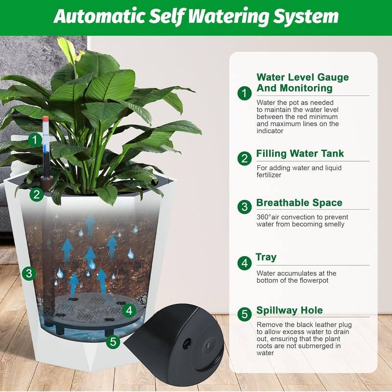 16" Set of 2 Self-Watering Planter Pots for Patio, Porch, Garden, Indoor Outdoor