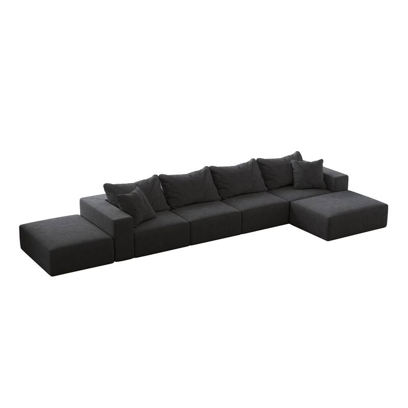 Floor Upholstered Sectional Sofa Modular L Shaped Couch Set with 6 Pillows and Ottomans, Living Room Sleeper Sofa Bed
