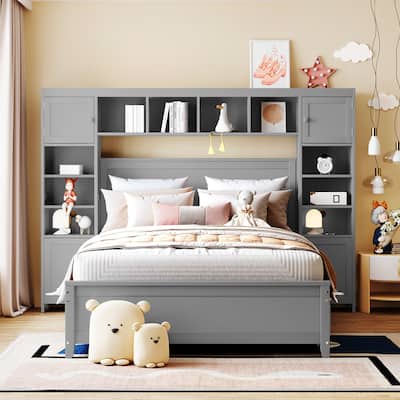 Full Size Wooden Bed With 10 Shelf Cubes and 4 Drawers - Gray
