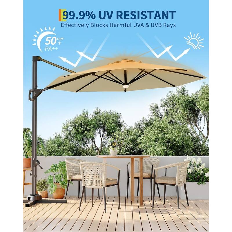 10FT Outdoor Cantilever Umbrella Patio Umbrella Solar LED with Base Included, 360-Degree Rotation