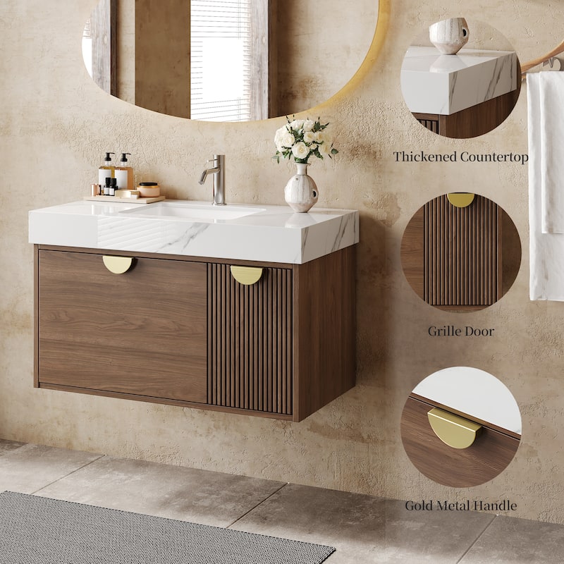 35.4 Single Bathroom Vanities with Sintered StoneTop, Wall Mount Vanities Not Assembled Need