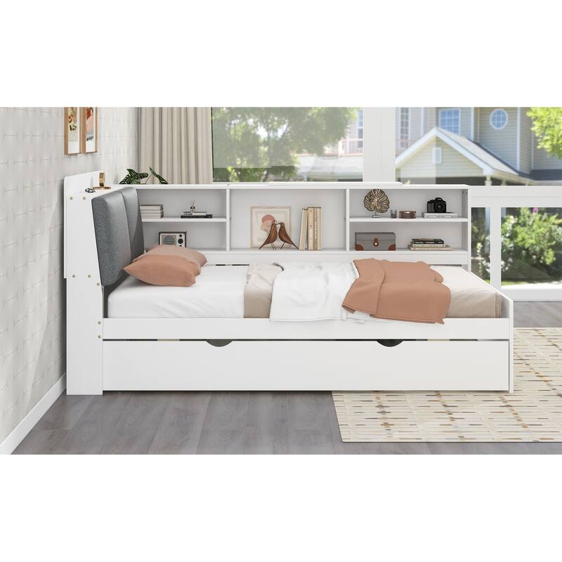 Twin Size Platform Bed with Trundle, Storage Shelves, Headboard with Upholstery, and Space-Saving Rotating Board