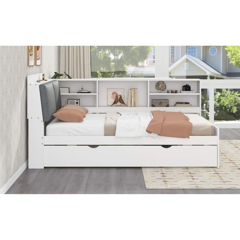 Twin Size Platform Bed with Trundle Bed, Built-in Storage Headboard, Shelves, and Rotating Board, Upholstered Backrest