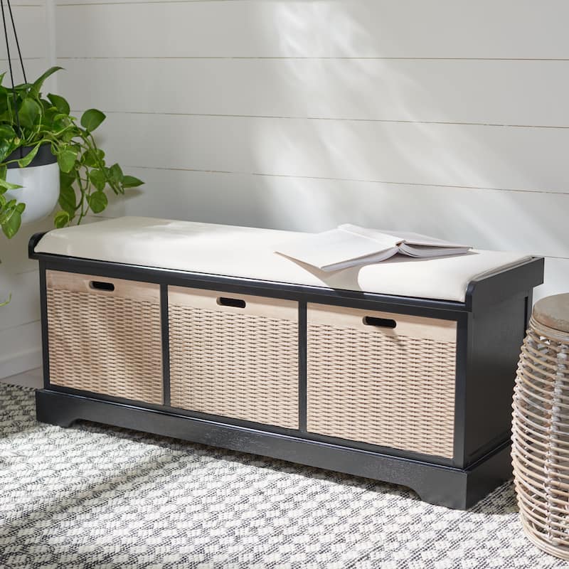 SAFAVIEH Fiorello 3-Drawer with Cushion Storage Bench - 47.3" W x 15" L x 19" H - 47Wx15Dx19H - Black