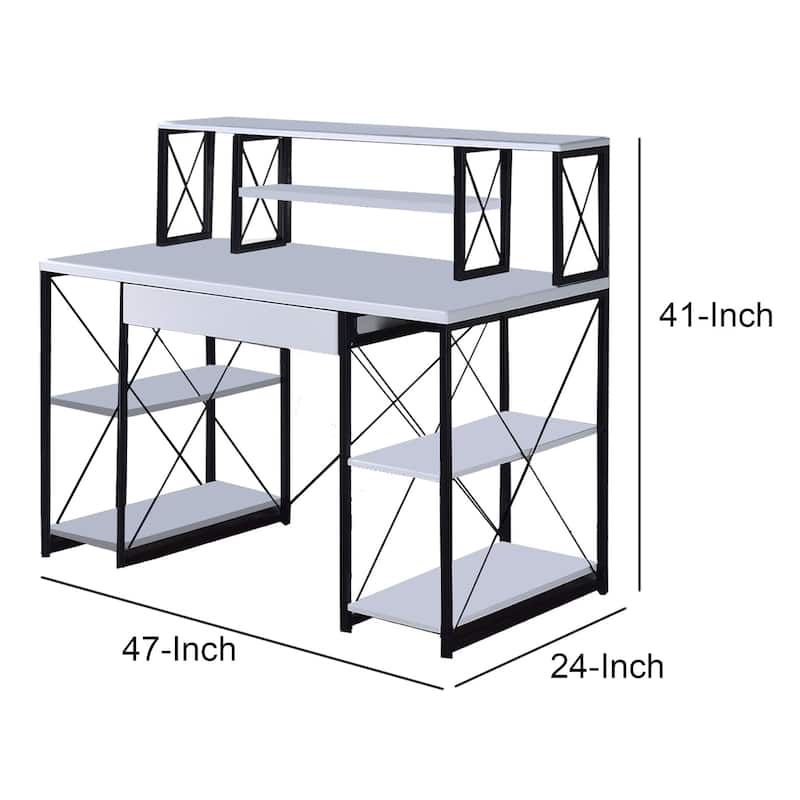 Industrial Style Desk with 4 Open Selves and Bookcase Hutch, White