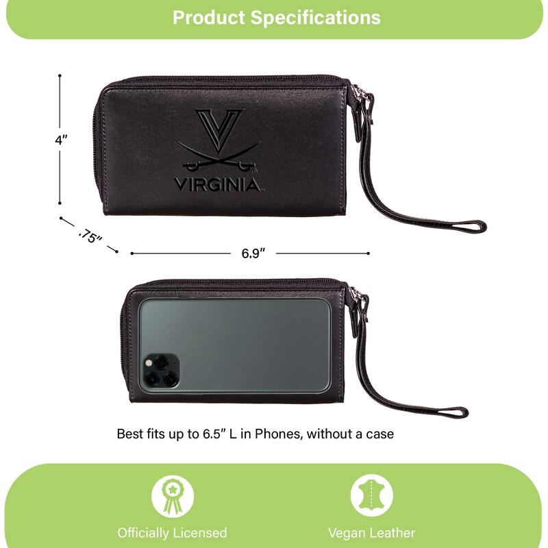 Black Hybrid Leather Cell Phone Wristlet Wallet, University of Virginia - 4" x 7"