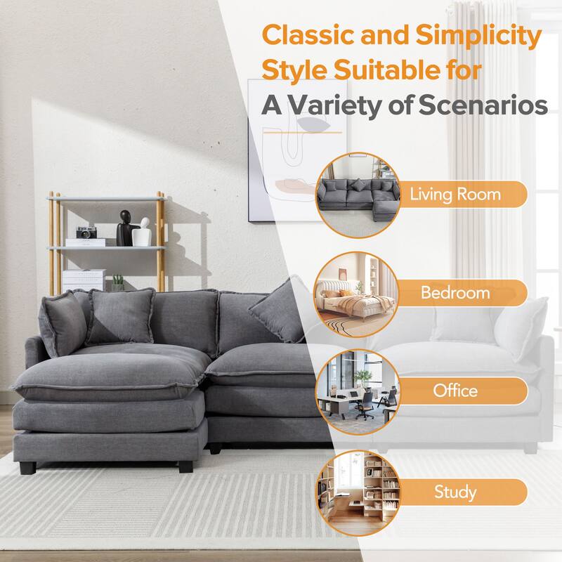 Grey 112.2" Modern L-Shaped 4 Seater Sectional Sofa with Removable Ottoman, 5 Plush Pillows, and Sturdy Frame