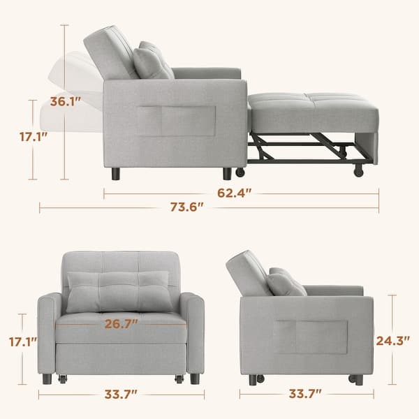 dimension image slide 4 of 10, 3-in-1 Adjustable Sleeper Sofa Bed, Pull Out Chair Sofa, Convertible Folding Bed for Living Room
