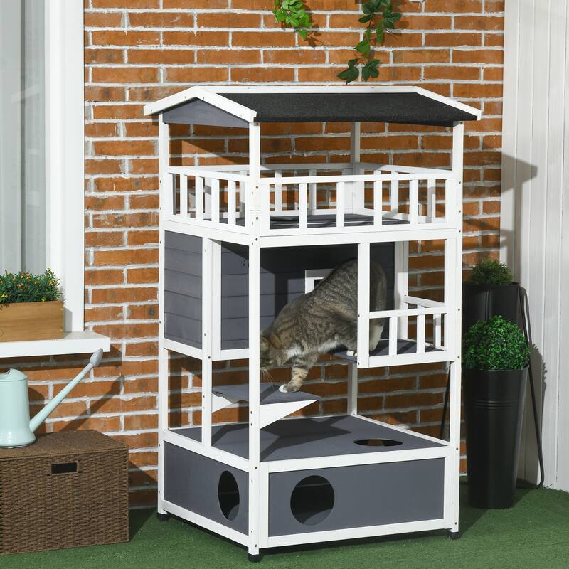 Wooden Outdoor Cat House, Feral Cat Shelter Kitten Tree with Asphalt Roof, Escape Doors, Condo, Jumping Platform - Grey