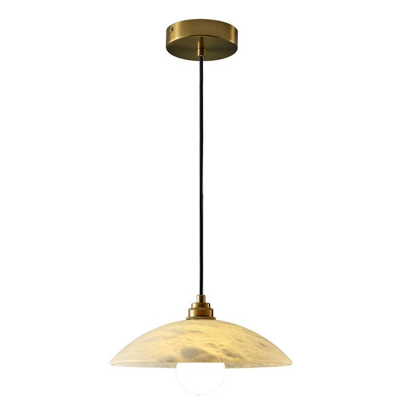 KAYLA Nordic Pendant Light Fixture - Round Alabaster Hanging Lamp with Brushed Brass Finish for Kitchen Island, Dining Room