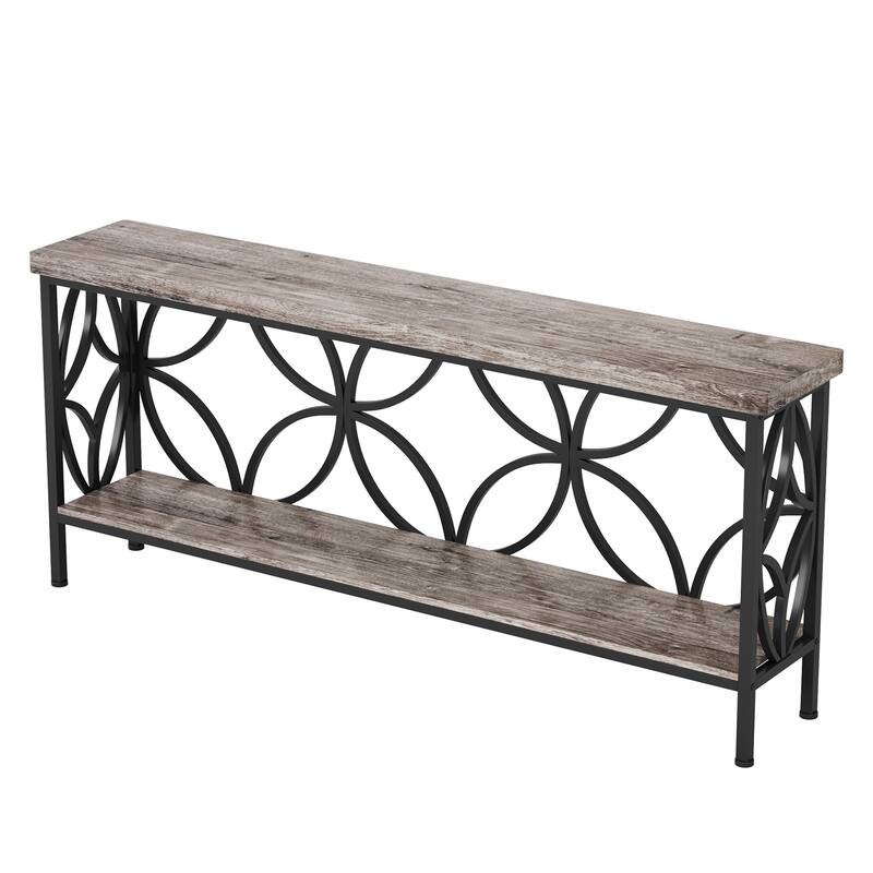 70.9" Extra Long Industrial Console Table, Narrow Sofa Table Behind Couch with Open Storage Shelves, Rustic Entryway Table