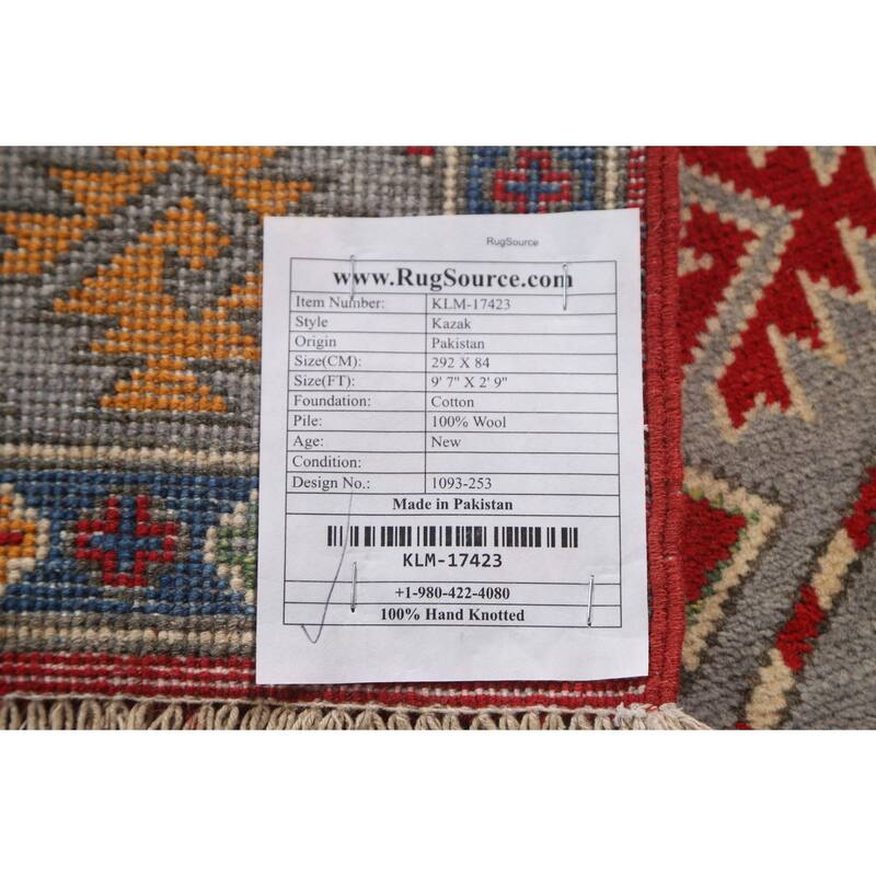 Geometric Kazak Oriental Hallway Runner Rug Hand-knotted Wool Carpet - 2'9" x 9'7"