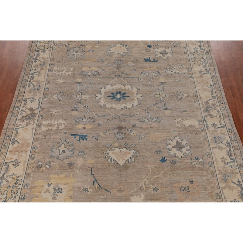 Hand Knotted Oriental 100% Wool Carpet Transitional All-Over Beige & Ivories Oushak Area Rug - 12' 0'' X 8' 1''