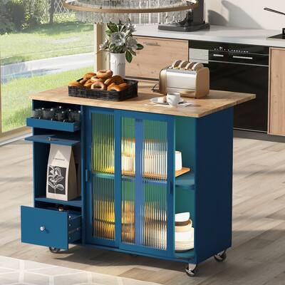 Kitchen Island with Drop Leaf, LED Light ,on Wheels with 2 Fluted Glass Doors