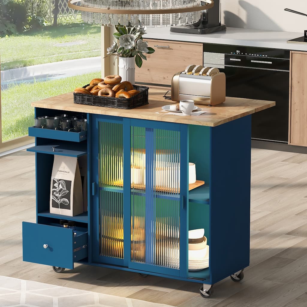 Kitchen Island with Drop Leaf, LED Light ,on Wheels with 2 Fluted Glass Doors