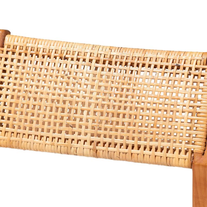 Chatura Natural Rattan and Mahogany Wood Counter Stool - Handwoven Wicker Stool with Angled Back, Coastal Boho Seating
