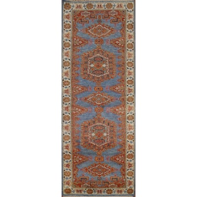 Blue Geometric Khotan Indian Runner Rug Hand-Knotted Wool Carpet - 2'8"x 7'10"