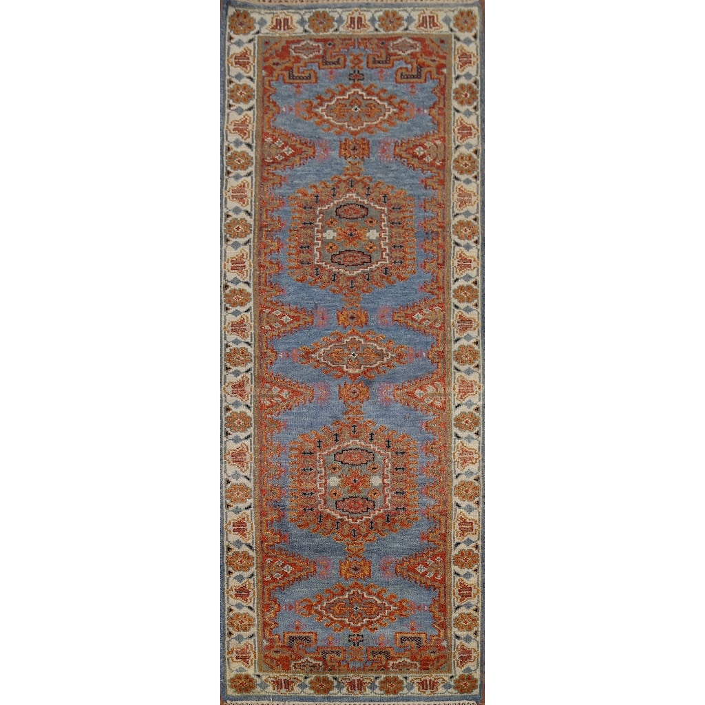 Blue Geometric Khotan Indian Runner Rug Hand-Knotted Wool Carpet - 2'8"x 7'10"