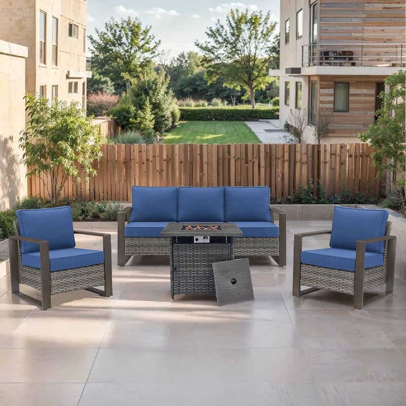 Pocassy Outdoor Fire Pit with 3-Seat Sofa Club Chairs Patio Furniture Set - Grey Wicker Blue Cushion - 4-Piece Sofa Patio Chair with Fire Table