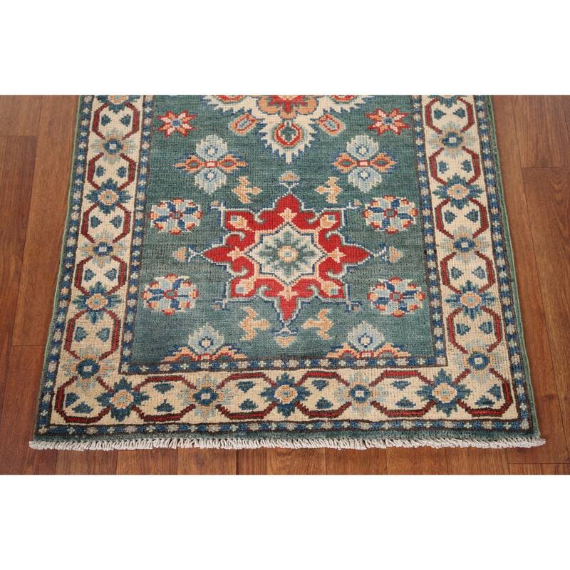 Geometric Green Kazak Oriental Runner Rug Hand-Knotted Wool Carpet - 2'3" x 5'11"