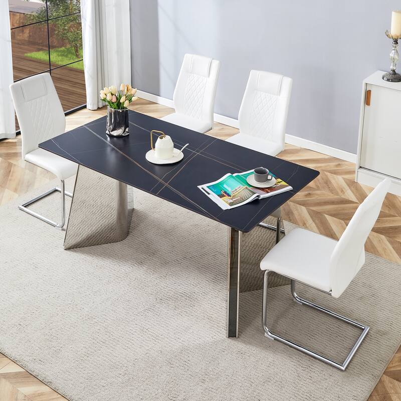 Modern Style Dining Rectangular Table Set with Stainless Steel Butterfly Legs and PU High Back Dining Chairs - 5-Piece Sets - White+Black