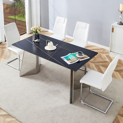 Roomfitters 5/7pcs Marble Pattern Dining Table Set with Stainless Butterfly Legs and PU Upholstered Chairs, White