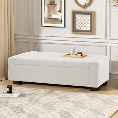 Ottoman Bench in Textured Boucle Rectangular Design with Hinged Lid for Seating