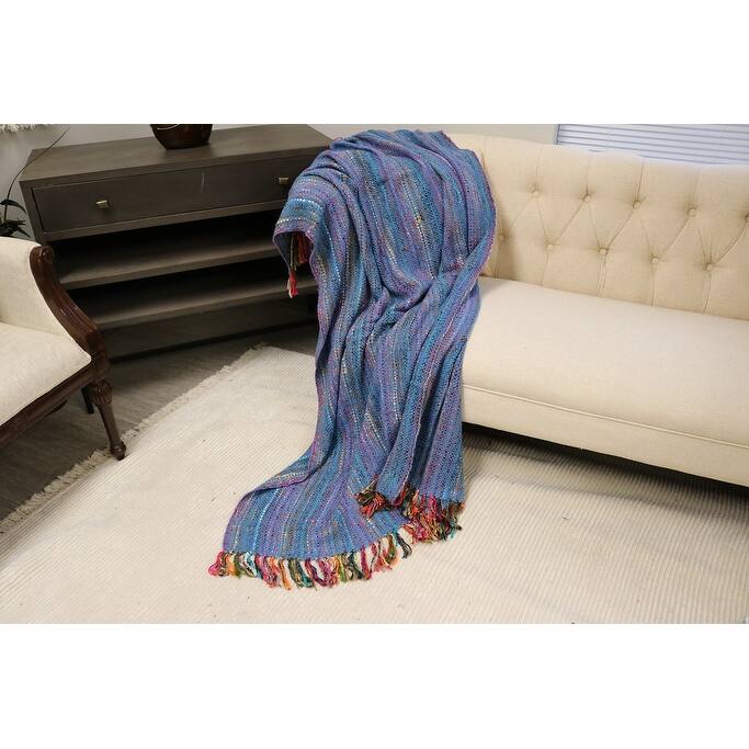 Home&Manor Handcrafted Wool & Cotton Throw Blanket Bright Blue