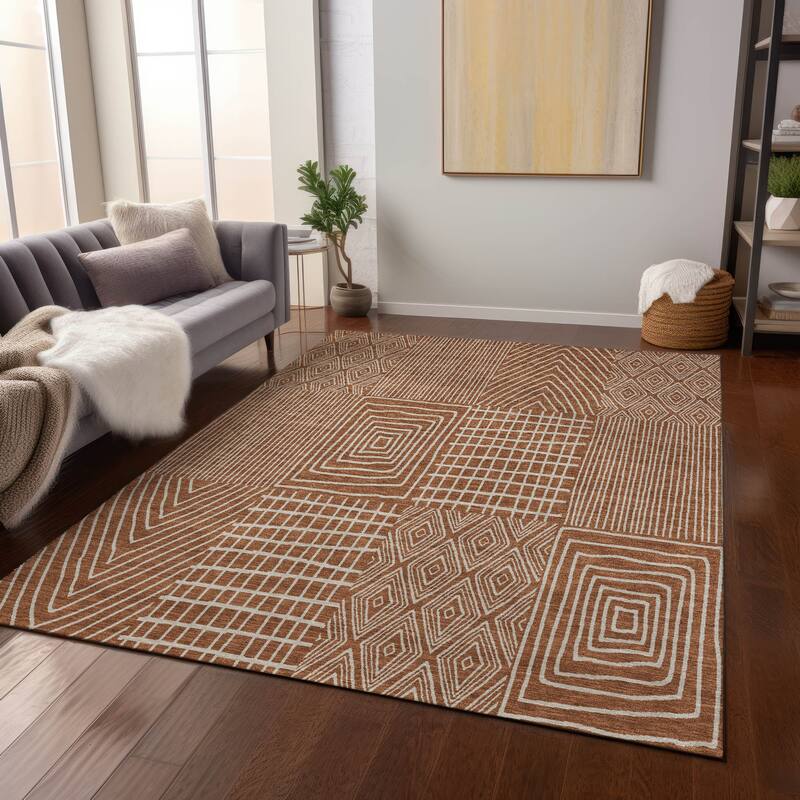 Machine Washable Indoor/ Outdoor Geo Patchwork Chantille Rug - Paprika - 10' x 14'