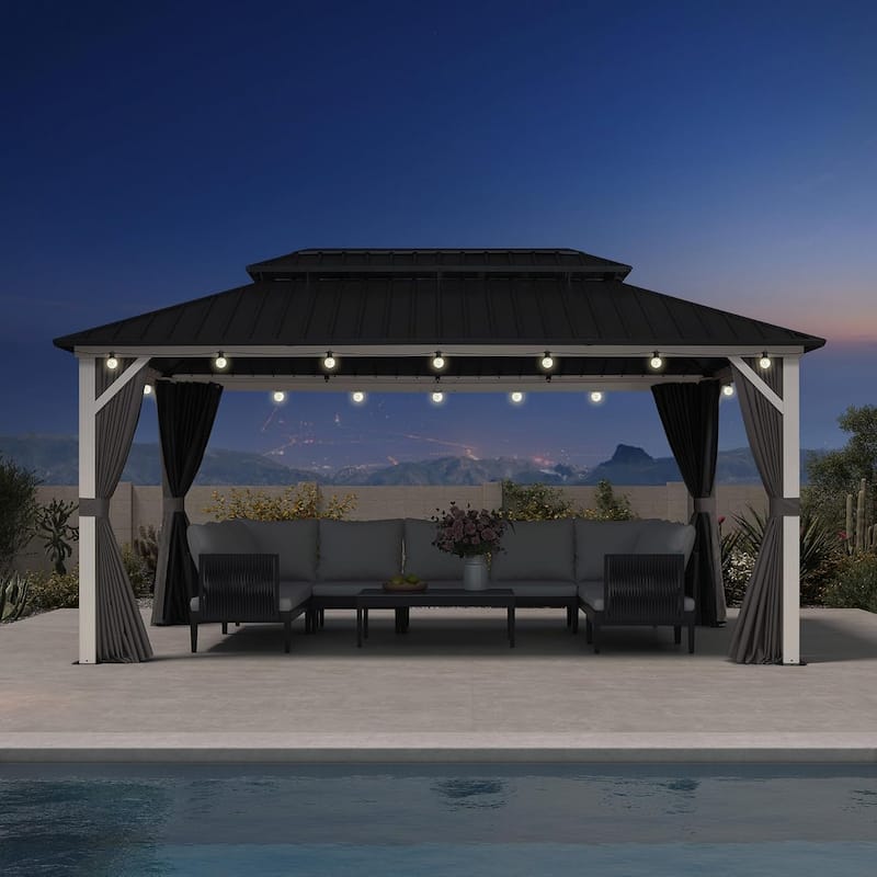 PURPLE LEAF Patio Hardtop Gazebo for Outdoor Grey Galvanized Steel Double Roof White Aluminum Poles - 10' x 16' - Grey with Light