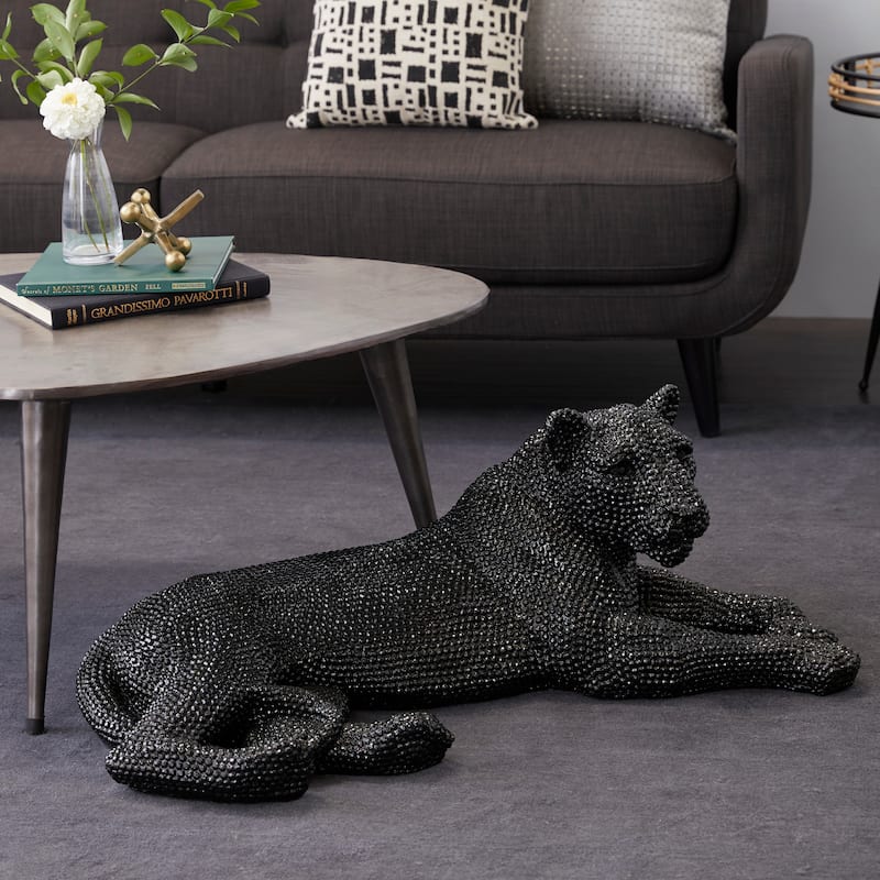 Polystone Floor Leopard Sculpture with Carved Faceted Diamond Exterior - Black or Silver - Black