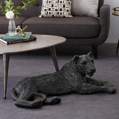 Polystone Floor Leopard Sculpture with Carved Faceted Diamond Exterior - Black or Silver