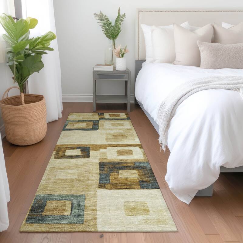 Machine Washable Indoor/ Outdoor Contemporary Blocks Chantille Rug - Beige - 2'3" x 7'6"