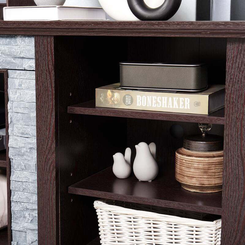 70" TV Stand with Faux Stacked Stone Surround, Modern Entertainment Console with Large Storage Cabinets