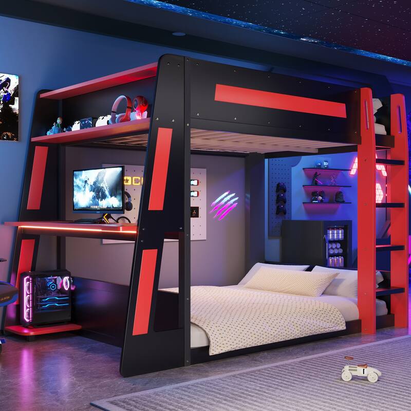 Gaming Bunk Bed with Computer Desk, Storage Shelves, USB Port and LED Strip Lighting, Esports Design, Wooden Gaming Bed