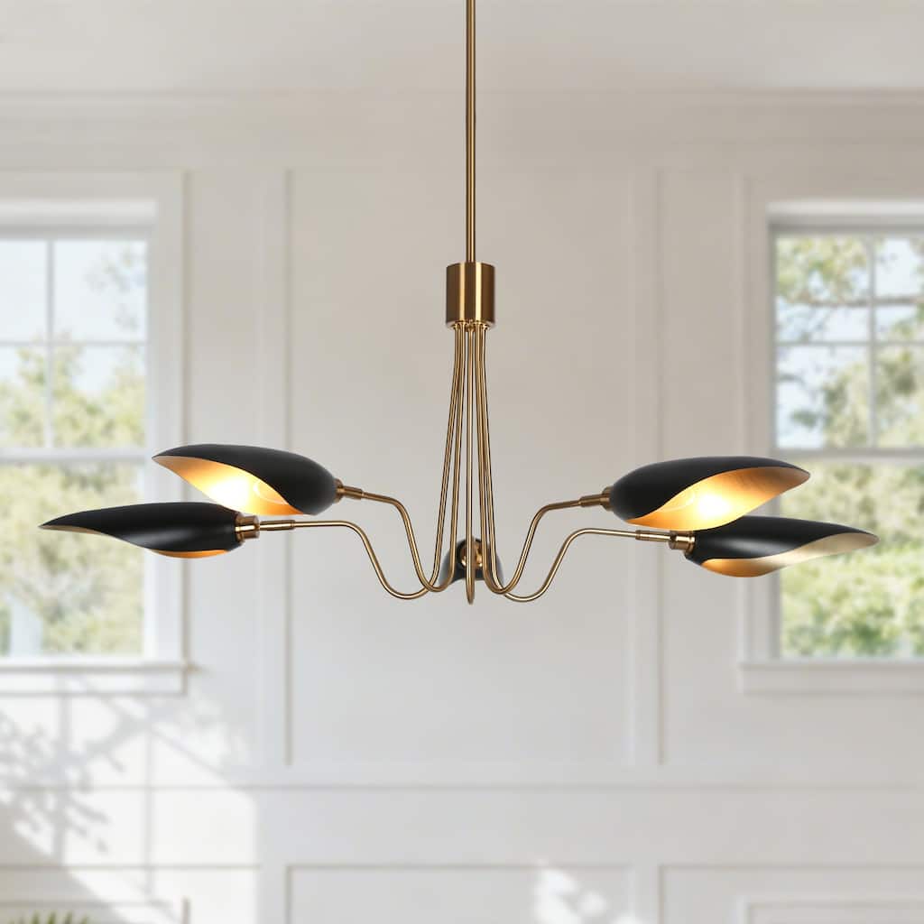 Mid-Century Modern 5-Light Black Gold Chandelier Wheel Pendant Lights with Metal Shades - 40" D x 16.1" H