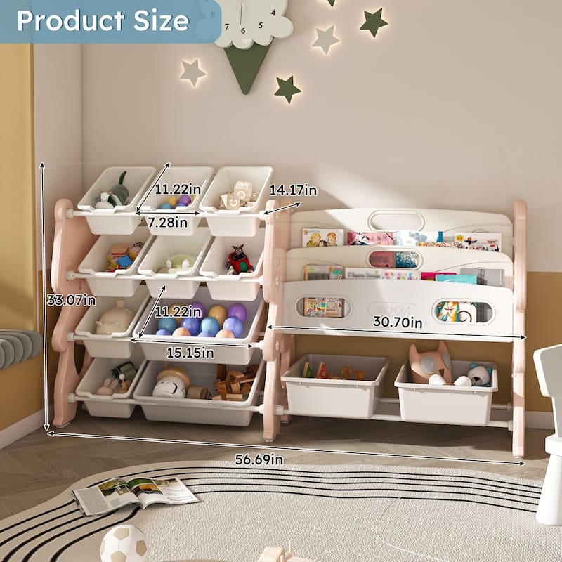 Kids Toy Storage Organizer, Toy Organizer with 2 Tier Bookshelf, Storage with Shelf and 12 Toy Bins, Bookshelf and Toy Storage
