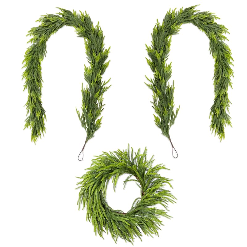 Glitzhome Christmas Greenery Pine PE Dripping Garland & Wreath & Teardrop Set - 9ft Garland *2 & 28"D Wreath
