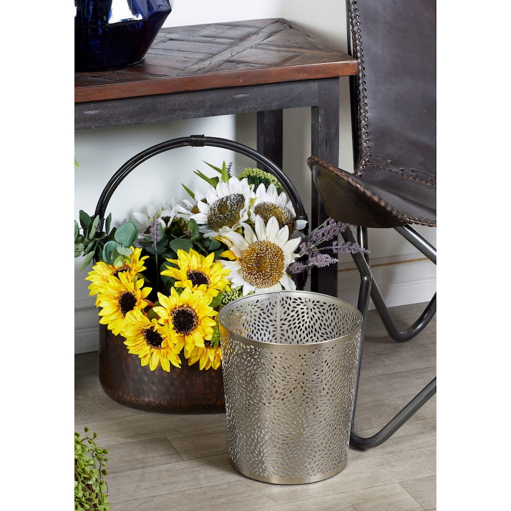 CosmoLiving by Cosmopolitan Silver Metal Small Waste Bin with Laser Carved Floral Design - 9 x 9 x 10