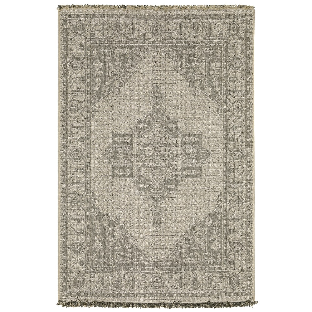 Style Haven Grayton Traditional Inspired Beige/ Black Indoor-Outdoor Fringe Edge Rug