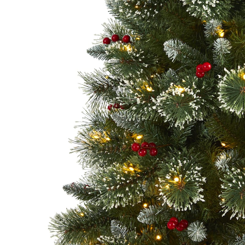 6' Frosted Swiss Pine Artificial Christmas Tree with 300 Clear LED Lights and Berries