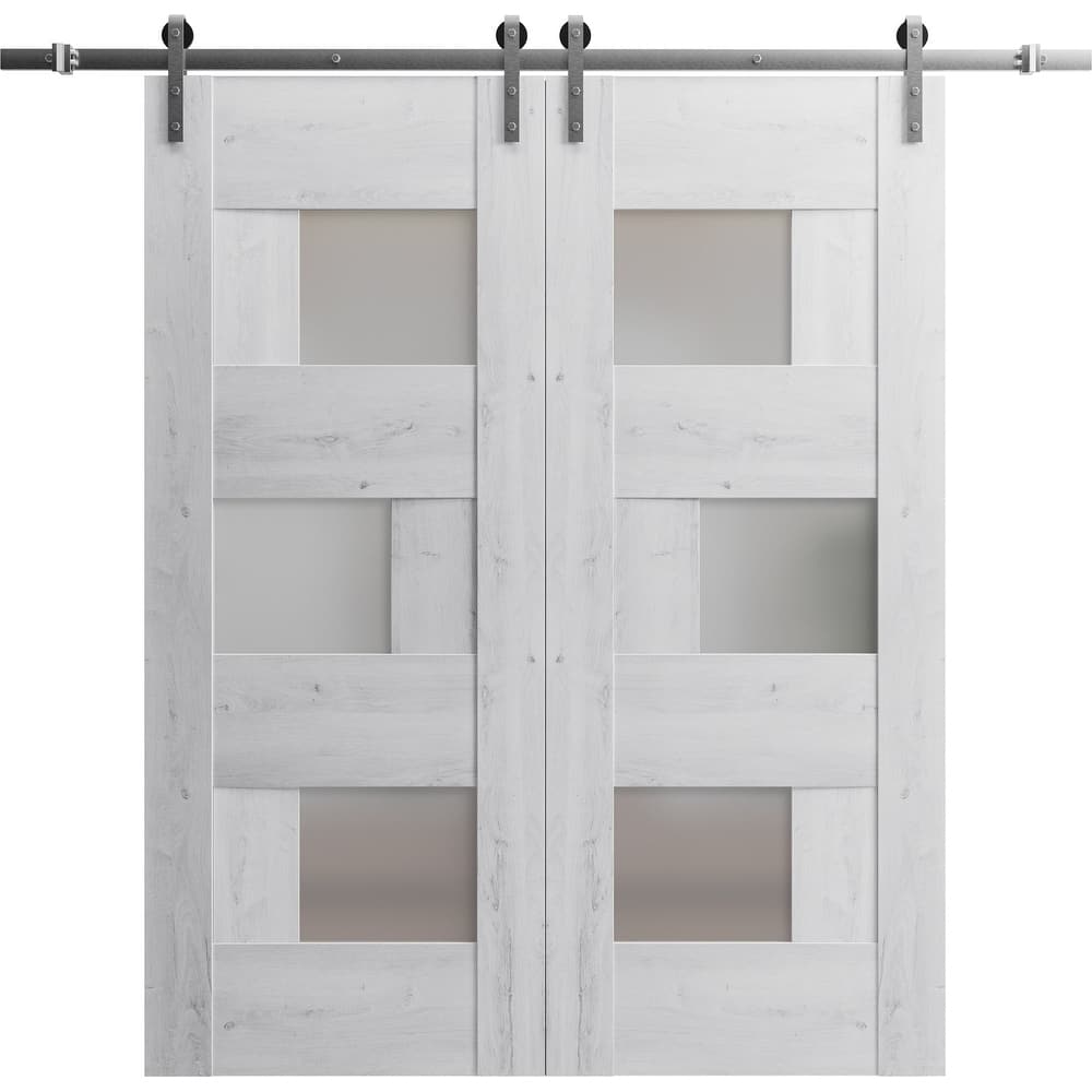 Sturdy Double Barn Door 36 x 80 inches | Sete 6933 Nordic White with Frosted Glass