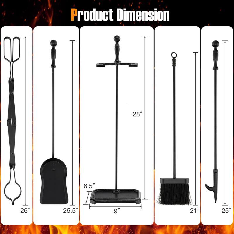 5-Piece Black Iron Fireplace Tool Set with Stand, Poker Tong Brush and Shovel for Home - 9" x 6.5" x 28"