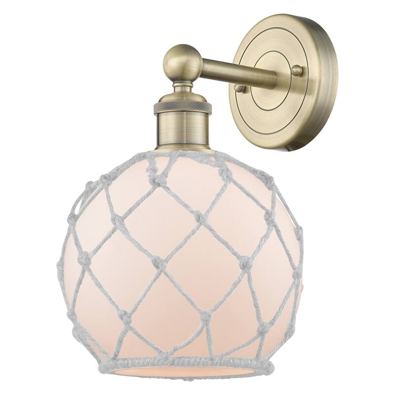 Innovations Lighting 616-1W-13-8 Farmhouse Rope Sconce Farmhouse Rope - Antique Brass / White Glass with White Rope