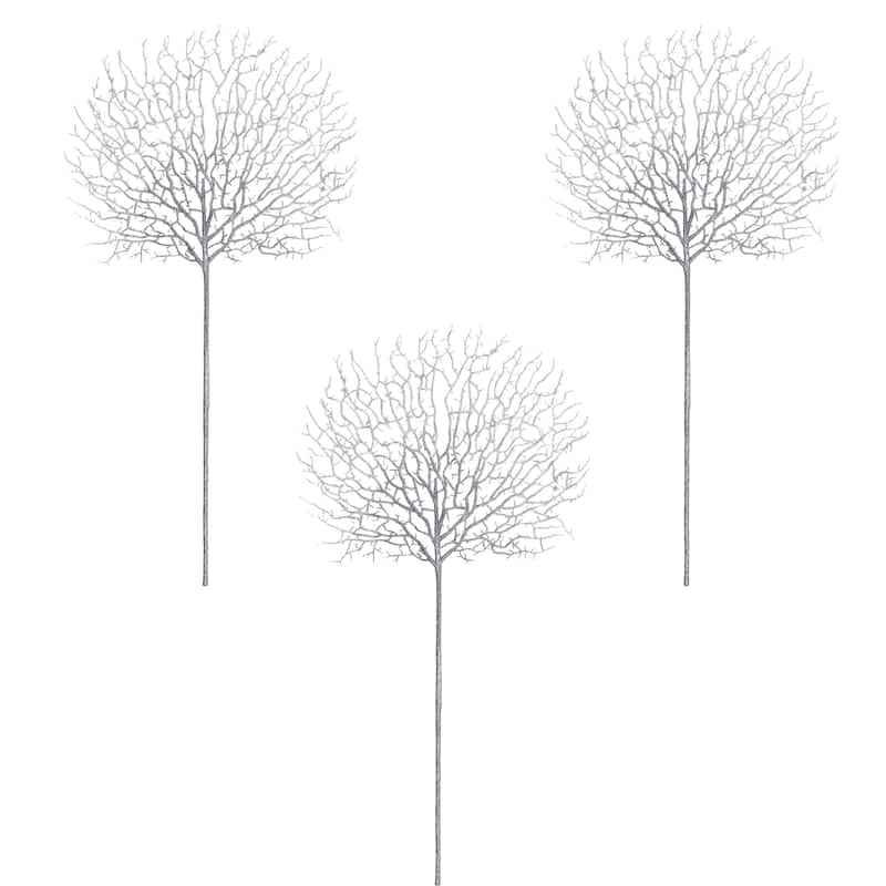 30" Glittered Coral Spray, Silver, Set of 3 - Silver