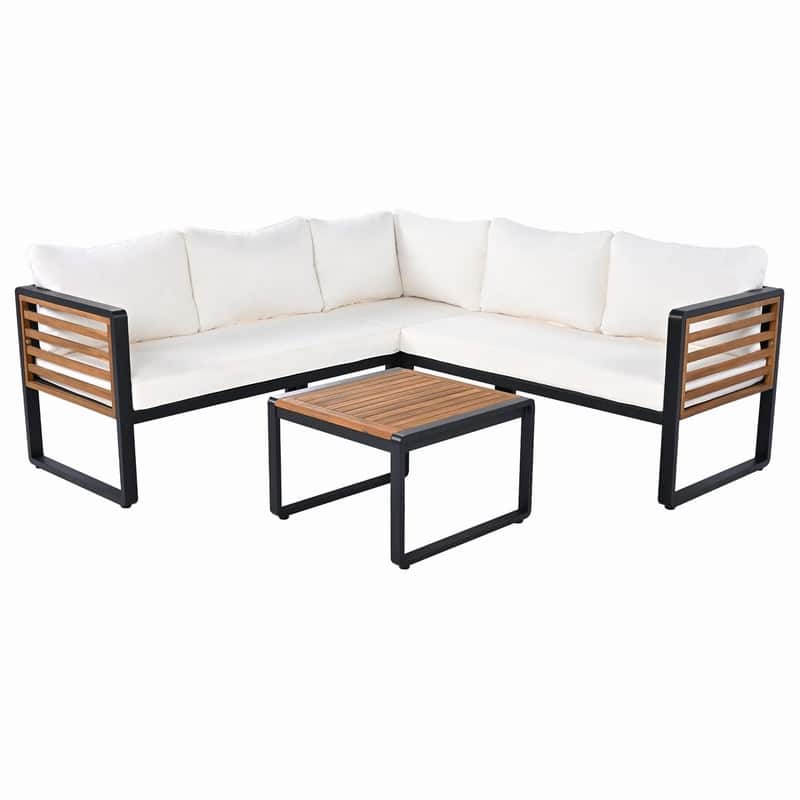 4-Piece L-Shaped Outdoor Patio Sectional Sofa Set with Metal and Wood Frame and Soft Cushions for Comfortable Seating