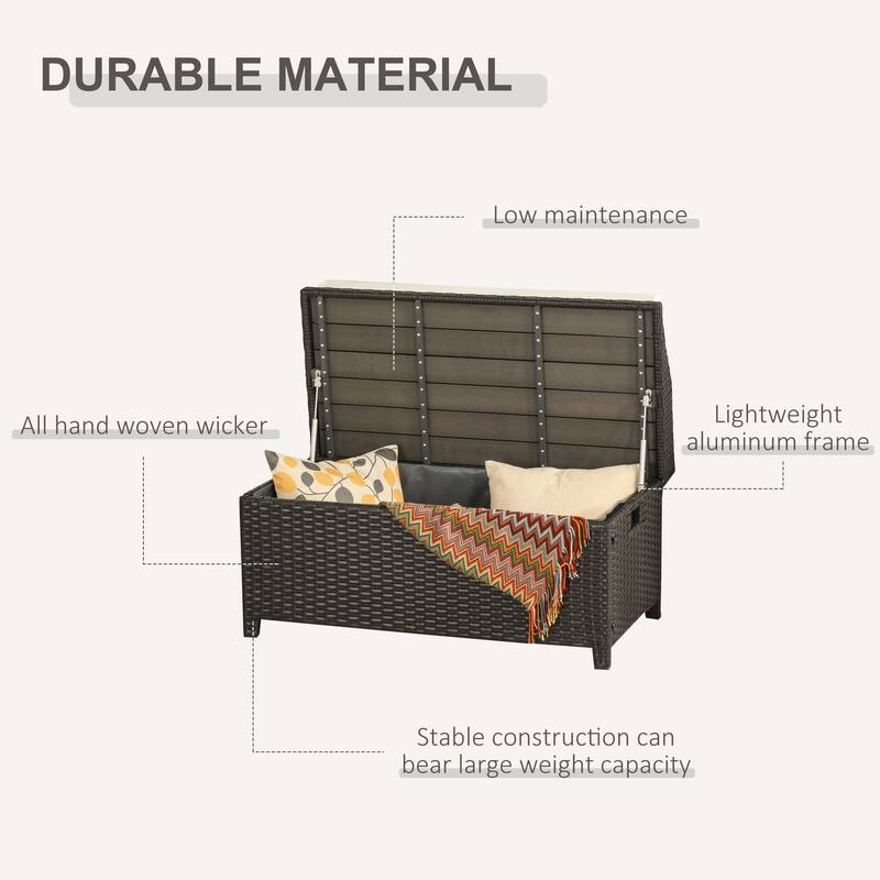 Outsunny PE Rattan Patio Storage Bench with Interior Water-Fighting Cloth Bag & Comfortable White Top Cushion