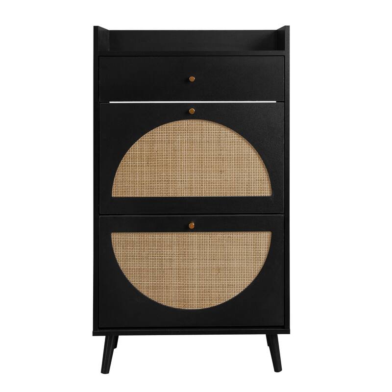 Entryway Shoe Storage Cabinet, Freestanding Rattan Shoe Rack, Shoe Organizer with 2 Flip Drawers & 1 Pull-Out drawer
