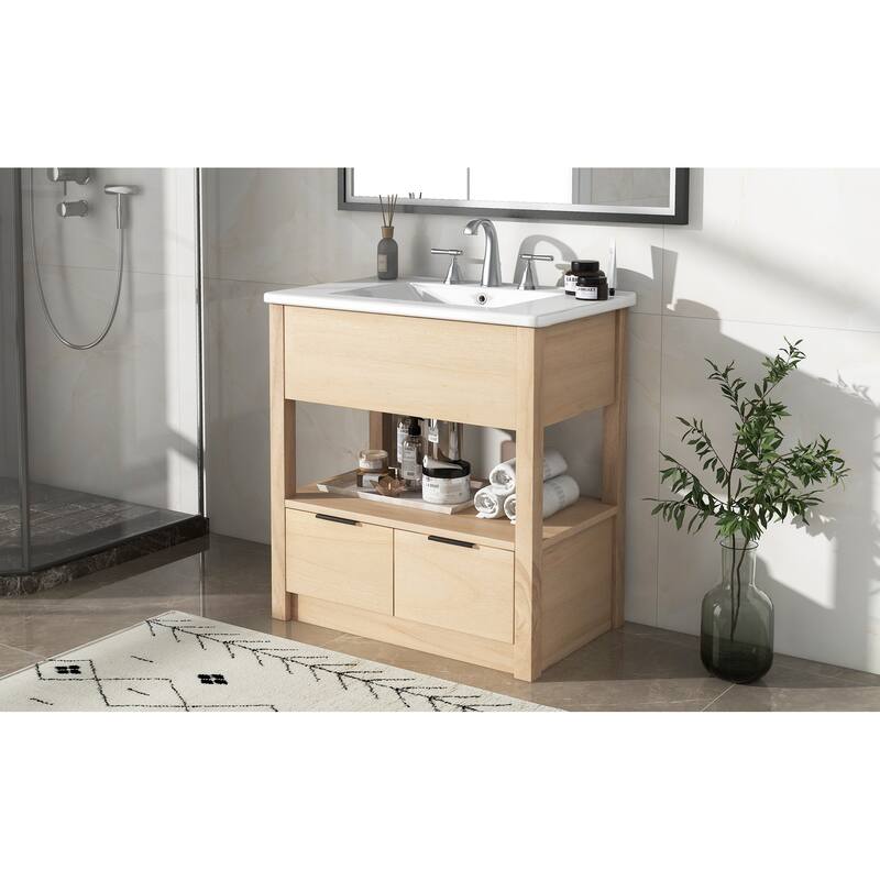 30" Bathroom Vanity with Sink Top, Bathroom Cabinet with Open Storage Shelf and Two Drawers, One Package