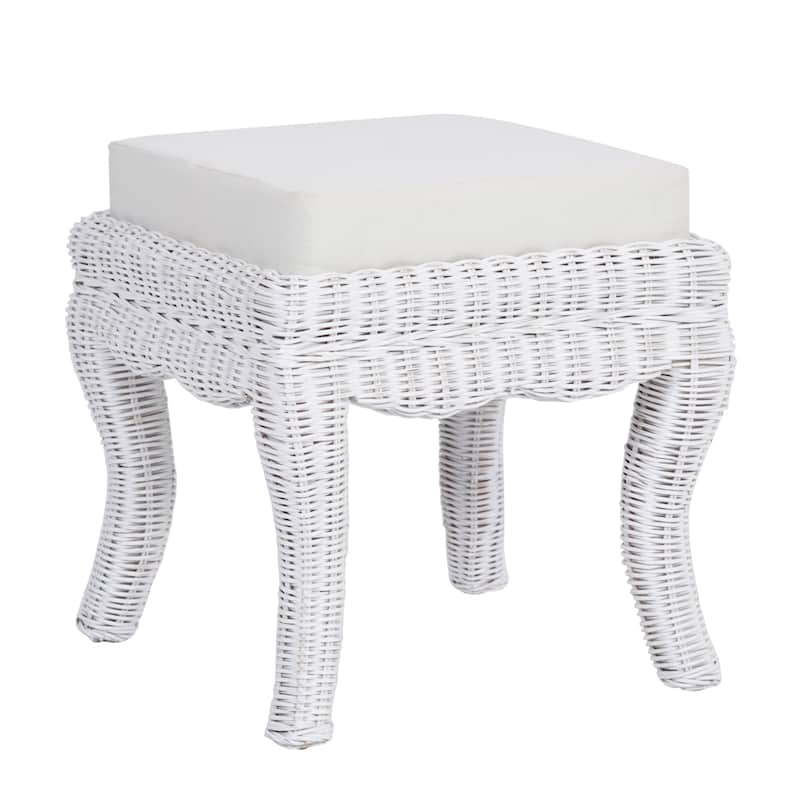 Praerie 19.7" Woven Rattan/Wood Vanity Stool, White Cushion with Natural Frame, by JONATHAN Y - 19.68"